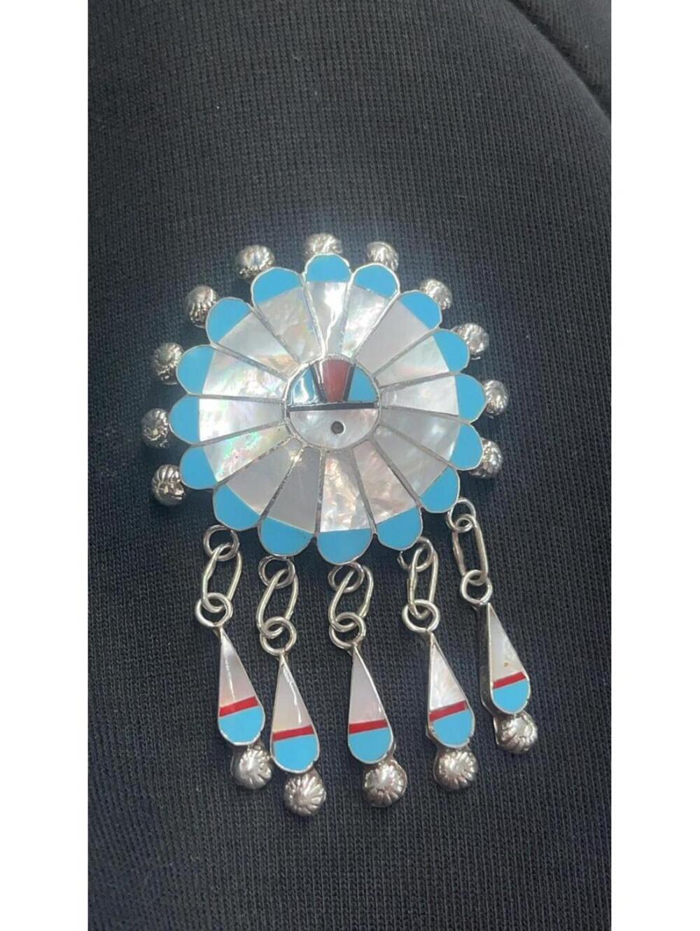 Zuni sterling silver turquoise, coral, onyx, mother of pearl inlay sunface